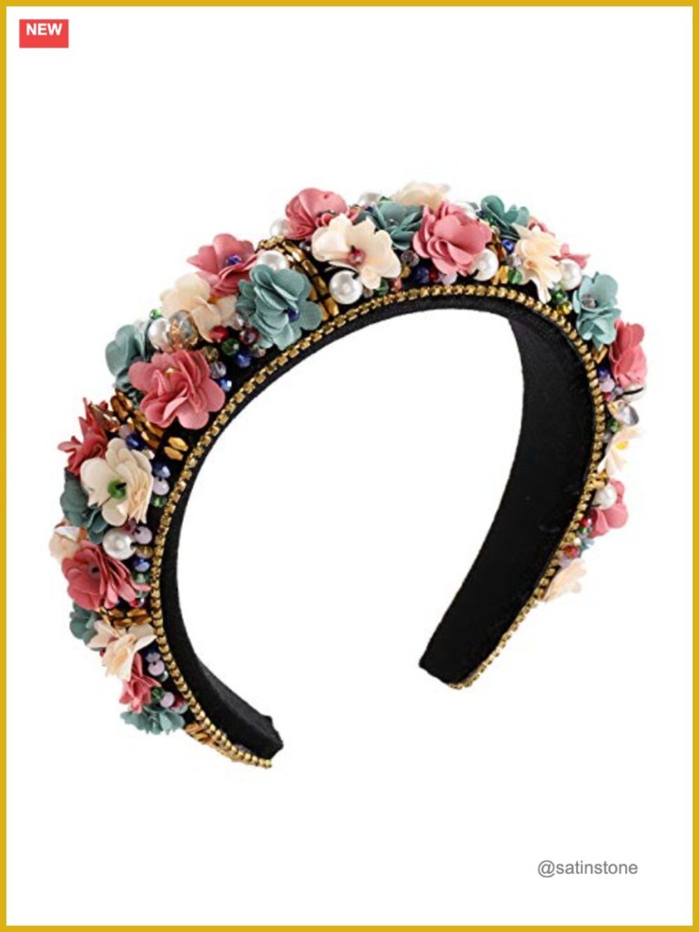 Crystal Rhinestone Flower Headband Velvet Pearl Beaded Wide Hair Hoop Wedding